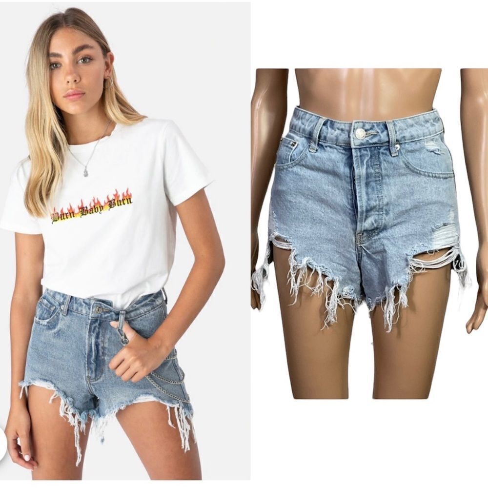 Adika Daytona High waisted Buttons Fly Cotton Denim Destroyed Jean Shorts XS